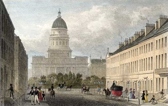 Engraving from 'Modern Athens'  -  hand-coloured  -  St George's Church at Charlotte Square