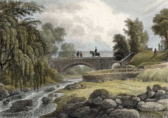 Engraving from 'Modern Athens'  -  hand-coloured  -  Bridge over the Water of Leith at Stockbridge