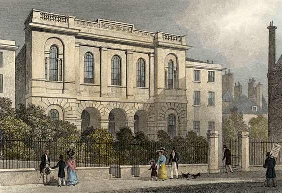 Engraving from 'Modern Athens'  -  hand-coloured  -  Methodist Chapel at Nicholson Square