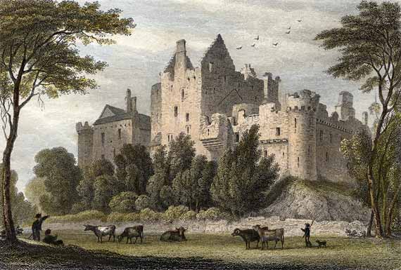 Engraving from 'Modern Athens'  -  hand-coloured  -  Craigmillar Castle