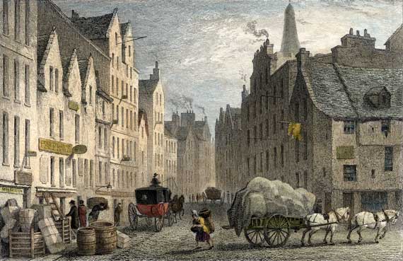 Engraving from 'Modern Athens'  -  hand-coloured  -  The Cowgate