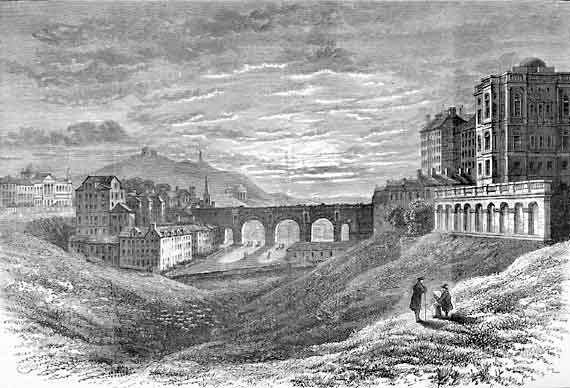 Engraving in 'Old & New Edinburgh'  -  The North Bridge and Bank of Scotland