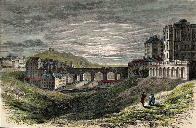 Engraving in 'Old & New Edinburgh'  -  The North Bridge and Bank of Scotland  (hand coloured)