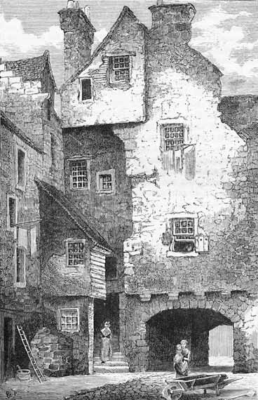 Engraving from 'Old & New Edinburgh'  -   Huntly House as seen from Bakehouse Close