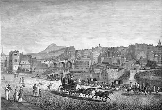 Engraving from 'Old & New Edinburgh'  -   North Bridge and Edinburgh Old Town