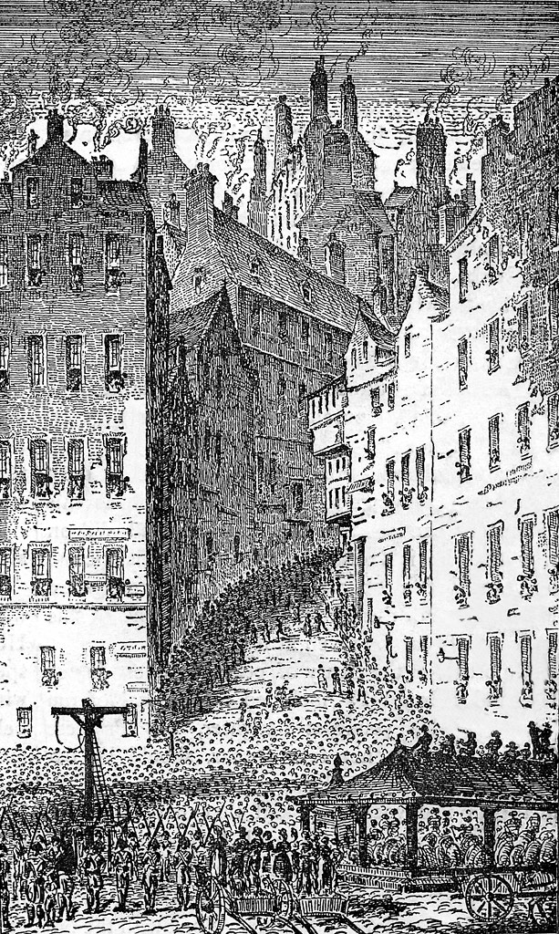 Engraving from 'Old & New Edinburgh'  -  Grassmarket and West Bow