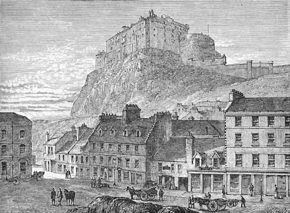 Engraving from 'Old & New Edinburgh'  -  The Grassmarket and Edinburgh Castle