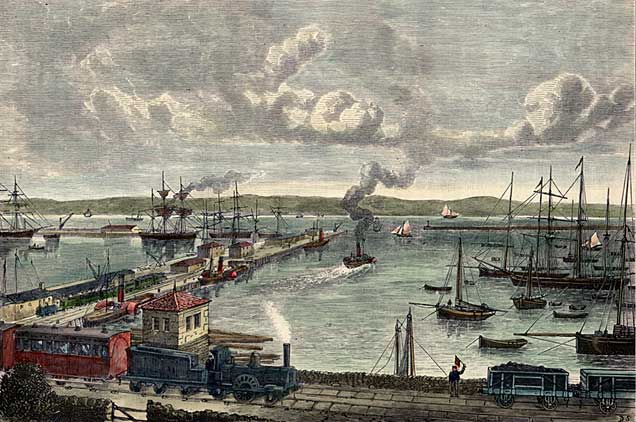 Engraving from "Old & New Edinburgh" - Granton Harbour - hand coloured