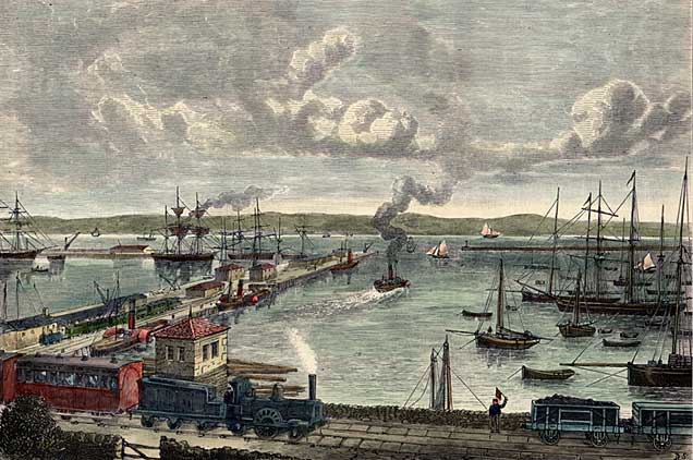 Engraving from "Old & New Edinburgh"  -  Granton Harbour  -  hand coloured