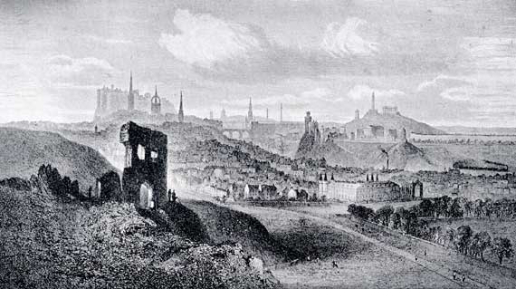 Engraving of Edinburgh from beside St Anthony's Chapel in Queen's Park