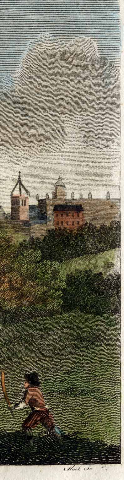 Engraving  -  View from Bruntsfiled, looking to the north towards Edinburgh Castle, with shinty in the foreground
