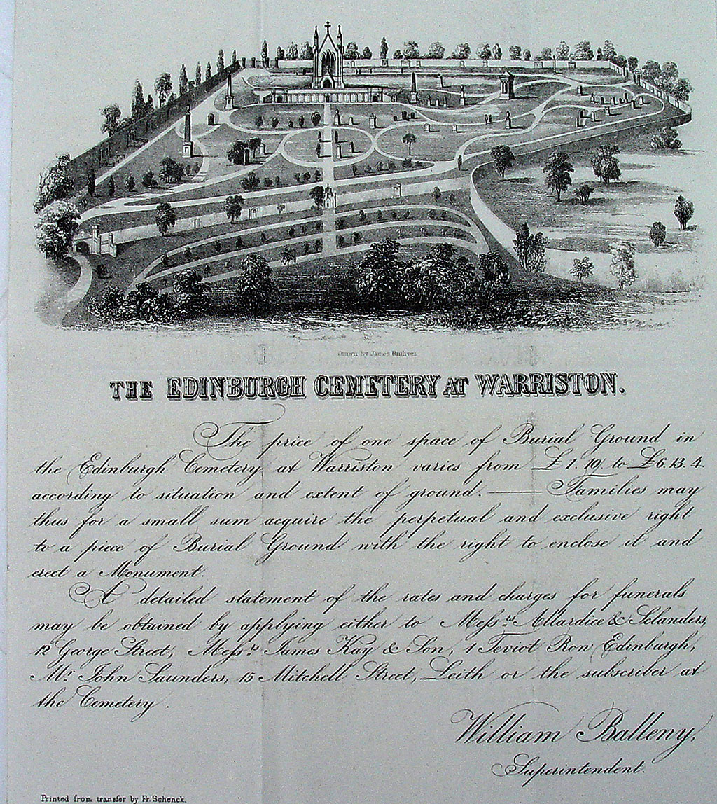 Warriston Cemetery - 1843 Flier, advertising sites in the cemetery for sale