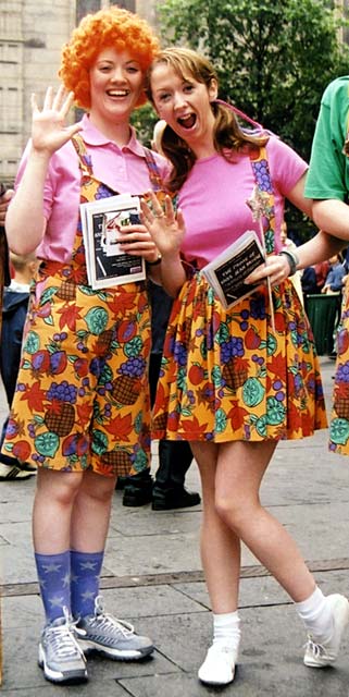 Performers in the Royal Mile, handing out leaflets for 'The Prime of Miss Jean Brodie'.