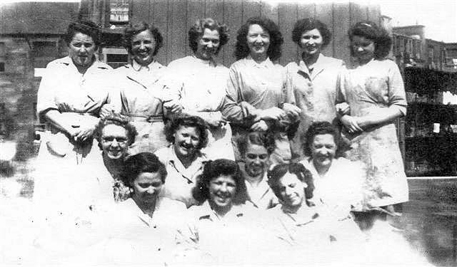 Workers from W & AK Johnson in their overalls.  Photo taken from the company's roof in 1950