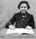 Joyce Garden (nee Ward) at her desk at Norton Park School,1956-59