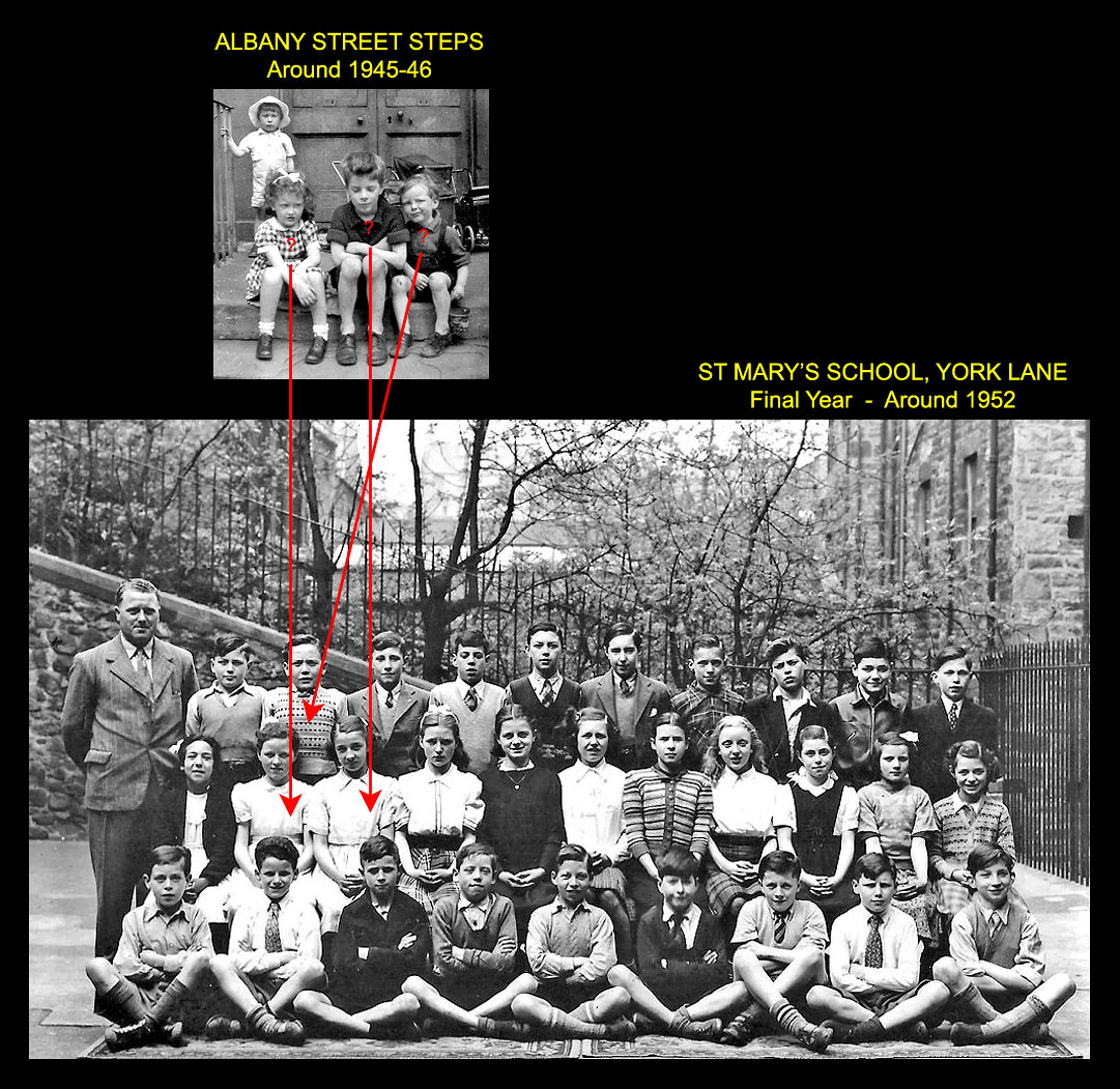 4 young children on steps in Albany Street, around 1945-46 AND Final Year Class at St Mary's Primary School, York Lane, around 1952