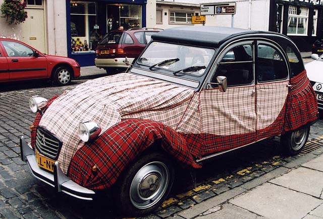 Citroen 2CVs in the centre of Kelso in the Scottish Borders  -  during the World 2CV Meeting held at Kelso, July 2005