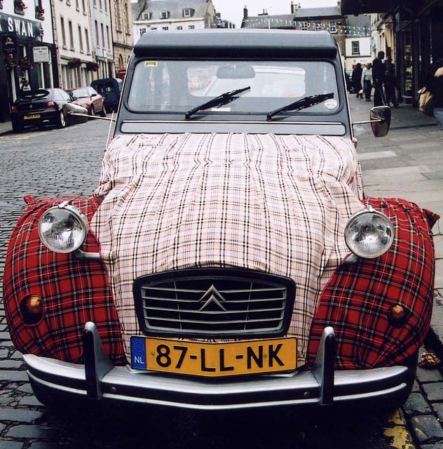 Citroen 2CVs in the centre of Kelso in the Scottish Borders  -  during the World 2CV Meeting held at Kelso, July 2005