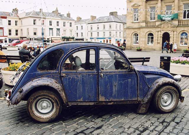 Citroen 2CVs in the centre of Kelso in the Scottish Borders  -  during the World 2CV Meeting held at Kelso, July 2005