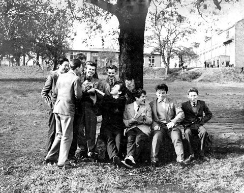 St Bede's Grammar School, Heaton, Bradford, - Form 5B pupils gatrher beside one of the trees in the school grounds in 1961