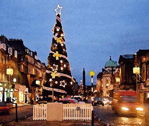 Image derived from a photograph looking to the east along George Street towards the Melville Monument in St Andrew Square