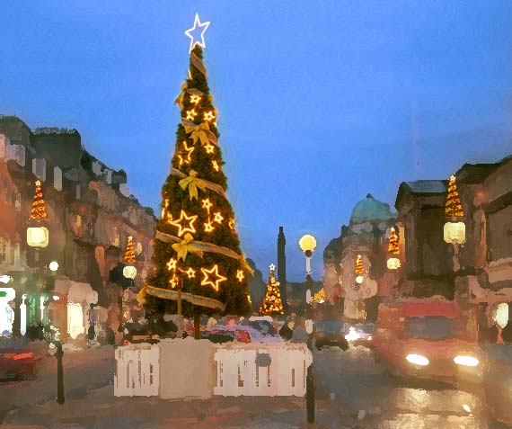 Picture derived from a photograph looking to the east along George Street towards the Melville Monument in St Andrew Square