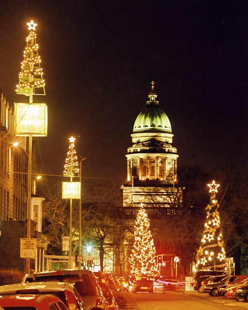 Looking along George Street with its Christmas Trees towards West Register House in Charlotte Square