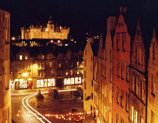 West Bow, the Grassmarket and George Heirot's School (floodlit at top of picture)