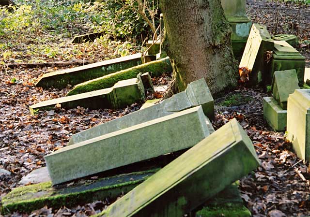 Photograph by Peter Stubbs  -  Edinburgh  -  January 2003  -  Warristin Cemetery gravestones toppled