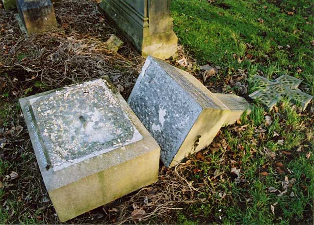 Photograph by Peter Stubbs  -   Edinburgh  -  January 2003  -  Warriston Cemetery toppled gravestone