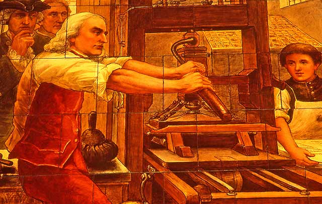 A picture of Benjamin Franklin using a printing press  -  on the wall of the Cafe Royal, Edinburgh