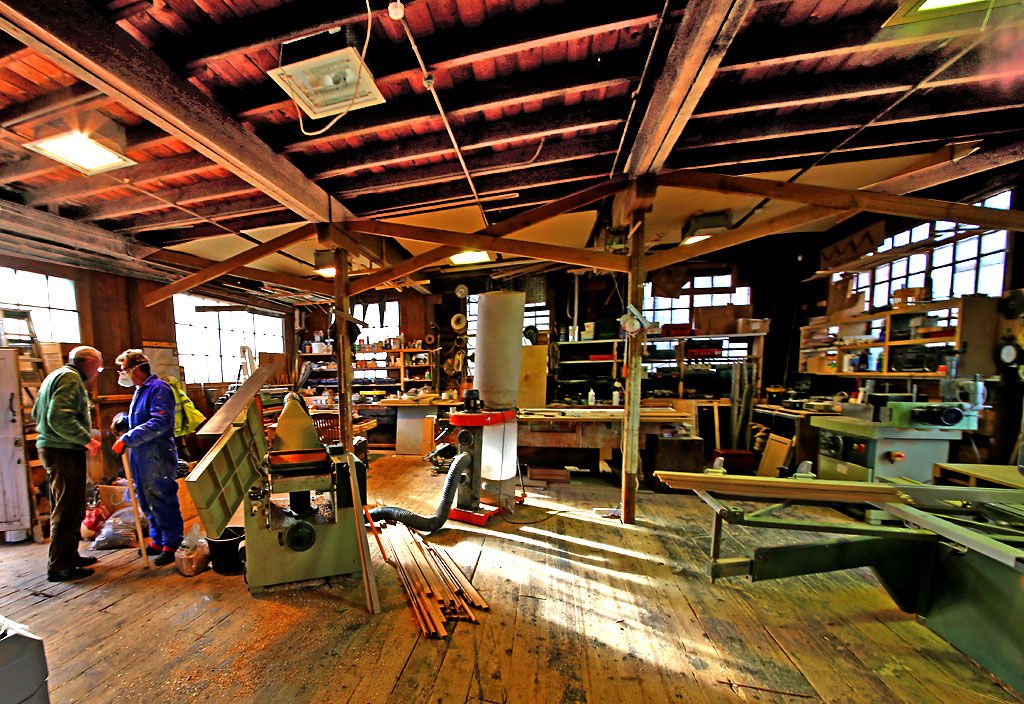 Mike, the joiner, talks to a visitor at Stark Buillding Services Ltd  -  a joinery workshop at Spylaw Street, Colinton  -  February 2013