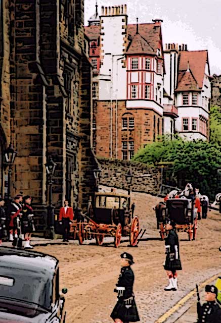 Photograph by Peter Stubbs  -  Edinburgh  -  May 2002  -  The Queen's Coach parked outside Assembly Hall, the Mound