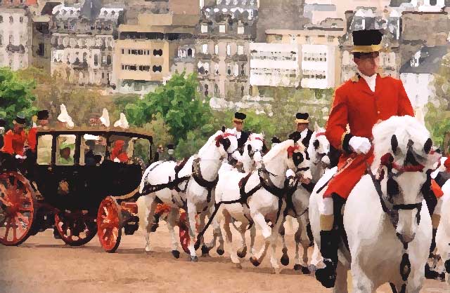 Photograph by Peter Stubbs  - Edinburgh  -  May 2002  -  The Queen's Coach travelling up the Mound en route from Assembly Hall to Holyrood