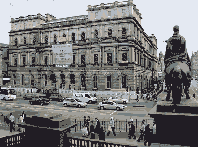 Photograph by Peter Stubbs  -  August 2002  -  View from the steps of Register House, past Steele's statue of the Duke of Wellington, towards the General Post Office and North Bridge.