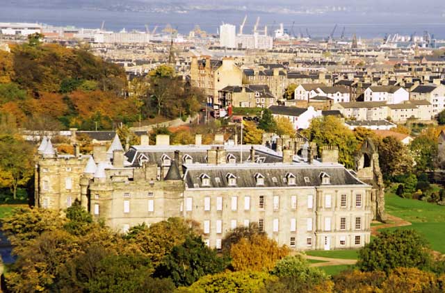 Photograph by Peter Stubbs  -  Edinburgh  -  November 2002  -  Looking down on Holyrood Palace from the slopes of Arthur's Seat in Queen's Park