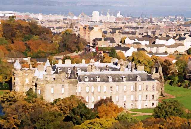 Photograph by Peter Stubbs  -  Edinburgh  -  November 2002  -  Looking down on Holyrood Palace from the slopes of Arthur's Seat in Queen's Park
