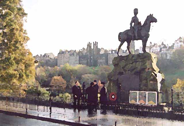 Photograph bu Peter Stubbs  _  Edinburgh   -  November 2002  -  Royal Scots Grey statue and the Old Town of Edinburgh