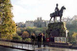 Photograph by Peter Stubbs  -  Edinburgh  -  November 2002  -  Royal Scots Greys statue and the Old Town of Edinburgh