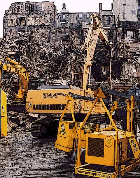 Photograph by Peter Stubbs  -  Edinburgh  December 2002  -  Fire in the Old Town of Edinburgh  -  after the collapse of the wall in the Cowgate (close-up)