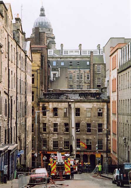 Photograph by Peter Stubbs  -  Edinburgh  -  December 2002  -  Fire in the Old Town of Edinburgh  -  The Gilded Balloon, Cowgate