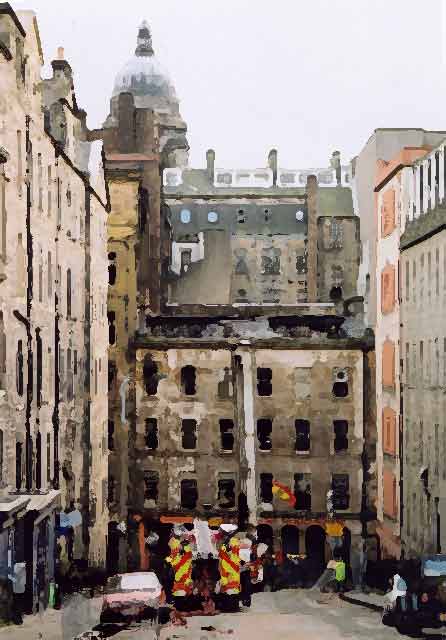 Photograph by Peter Stubbs  -  Edinburgh  -  December 2002  -  Fire in the Old Town of Edinburgh  -  The Gilded Balloon, Cowgate