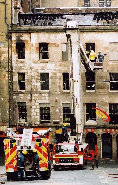 Photograph by Peter Stubbs  -  Edinburgh  -  December  2002  -  Fire in the Old Town of Edinburgh  -  The Gilded Balloon, Cowgate