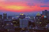 Looking to the City and beyond from the esplanade, Chalet de la Montagne, Parc Mont-Royal, Montreal