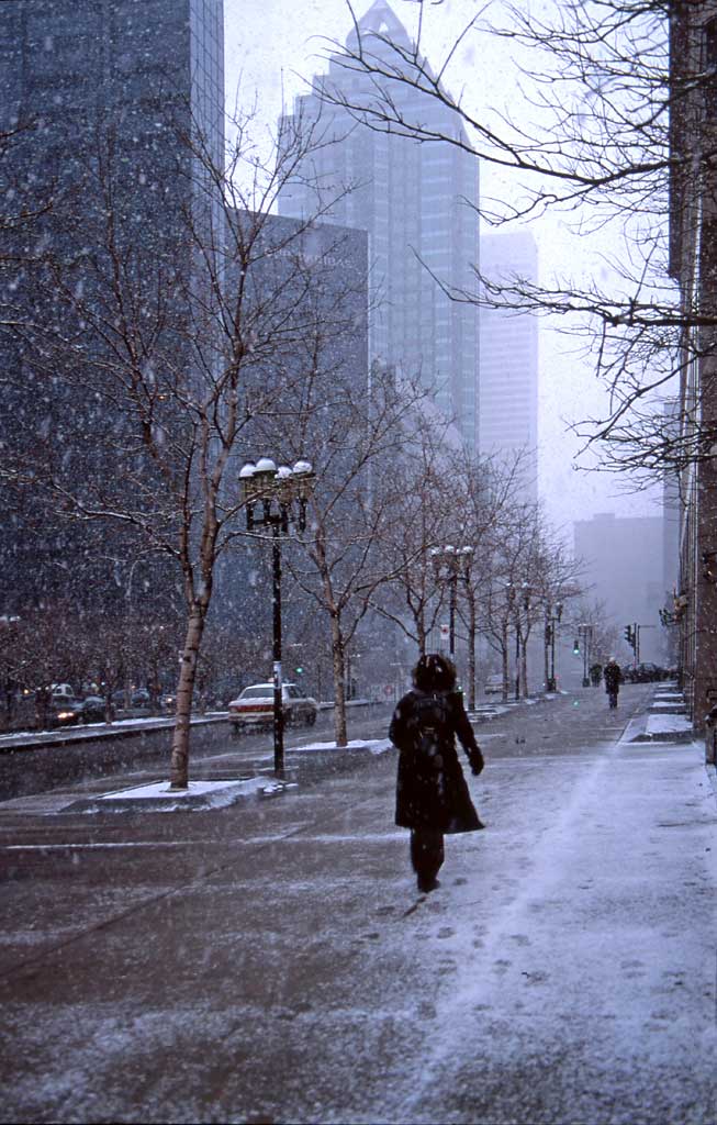 A late-winter snowstorm in Downtown Montreal