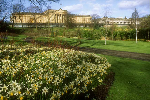 The National Galleies, seen from East Princes Street Gardens on the southern side of the railway