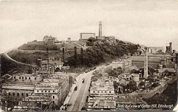 Postcard view by an unknown publisher  -  Bird's Eye View of Calton Hill, looking along Regent Road