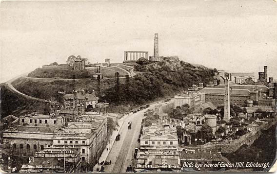 Postcard view by an unknown publisher - Bird's Eye View of Calton Hill, looking along Regent Road