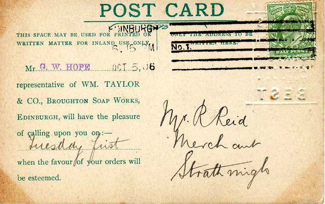 The Back of a Postcard  used by Wm Taylor & Co, Broughton Soap Works  -  Tolbooth, Canongate, Edinburgh