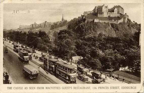 Postcard by an unidentified publisher  -   View of Edinburgh Castle from MacVitties Guest's Restaurant, 136 Princes Street